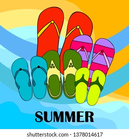Vector set with cute and colorful summer slippers. Beach vacation. Vector background.