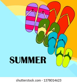Vector set with cute and colorful summer slippers. Beach vacation. Vector background.