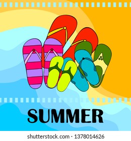 Vector set with cute and colorful summer slippers. Beach vacation. Vector background.