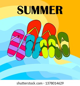 Vector set with cute and colorful summer slippers. Beach vacation. Vector background.