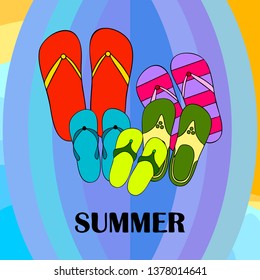 Vector set with cute and colorful summer slippers. Beach vacation. Vector background.