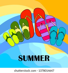 Vector set with cute and colorful summer slippers. Beach vacation. Vector background.