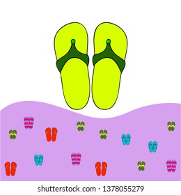 Vector set with cute and colorful summer slippers. Beach vacation. Vector background.