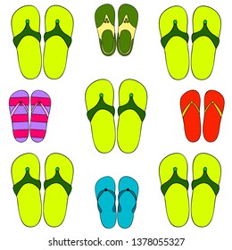 Vector set with cute and colorful summer slippers. Beach vacation. Vector background.