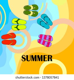 Vector set with cute and colorful summer slippers. Beach vacation. Vector background.