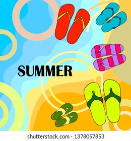 Vector set with cute and colorful summer slippers. Beach vacation. Vector background.