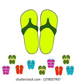 Vector set with cute and colorful summer slippers. Beach vacation. Vector background.