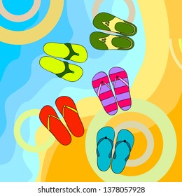 Vector set with cute and colorful summer slippers. Beach vacation. Vector background.