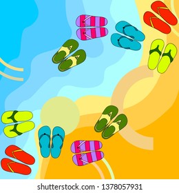 Vector set with cute and colorful summer slippers. Beach vacation. Vector background.