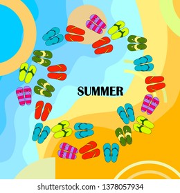 Vector set with cute and colorful summer slippers. Beach vacation. Vector background.