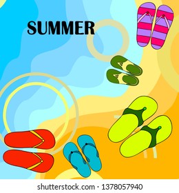 Vector set with cute and colorful summer slippers. Beach vacation. Vector background.