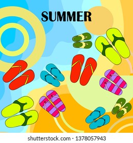Vector set with cute and colorful summer slippers. Beach vacation. Vector background.