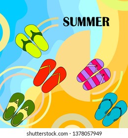 Vector set with cute and colorful summer slippers. Beach vacation. Vector background.