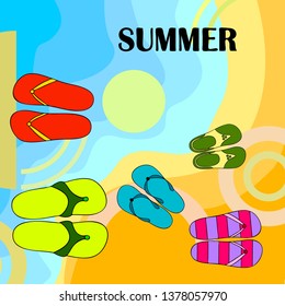 Vector set with cute and colorful summer slippers. Beach vacation. Vector background.