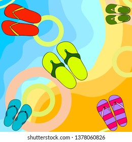 Vector set with cute and colorful summer slippers. Beach vacation. Vector background.
