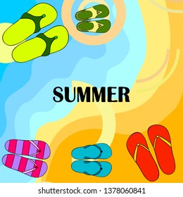 Vector set with cute and colorful summer slippers. Beach vacation. Vector background.