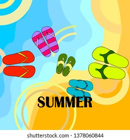 Vector set with cute and colorful summer slippers. Beach vacation. Vector background.
