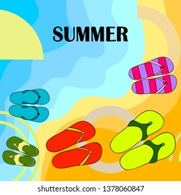 Vector set with cute and colorful summer slippers. Beach vacation. Vector background.