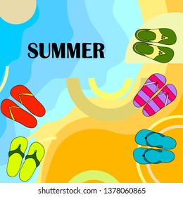Vector set with cute and colorful summer slippers. Beach vacation. Vector background.