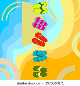 Vector set with cute and colorful summer slippers. Beach vacation. Vector background.