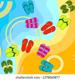 Vector set with cute and colorful summer slippers. Beach vacation. Vector background.