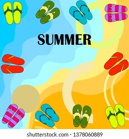 Vector set with cute and colorful summer slippers. Beach vacation. Vector background.