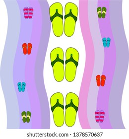 Vector set with cute and colorful summer slippers. Beach vacation. Vector background.