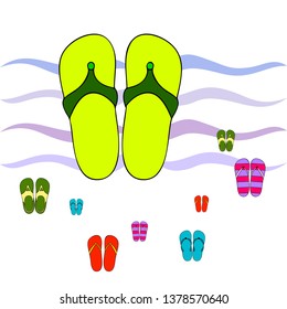 Vector set with cute and colorful summer slippers. Beach vacation. Vector background.