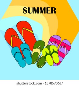Vector set with cute and colorful summer slippers. Beach vacation. Vector background.