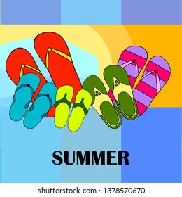 Vector set with cute and colorful summer slippers. Beach vacation. Vector background.