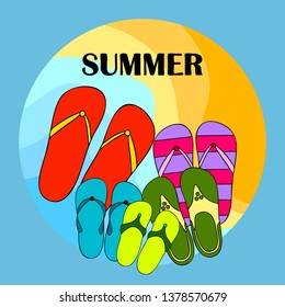 Vector set with cute and colorful summer slippers. Beach vacation. Vector background.