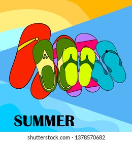 Vector set with cute and colorful summer slippers. Beach vacation. Vector background.