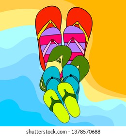 Vector set with cute and colorful summer slippers. Beach vacation. Vector background.