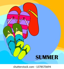 Vector set with cute and colorful summer slippers. Beach vacation. Vector background.