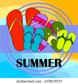 Vector set with cute and colorful summer slippers. Beach vacation. Vector background.