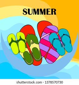 Vector set with cute and colorful summer slippers. Beach vacation. Vector background.