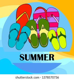 Vector set with cute and colorful summer slippers. Beach vacation. Vector background.