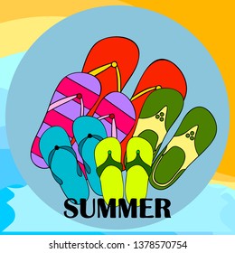 Vector set with cute and colorful summer slippers. Beach vacation. Vector background.