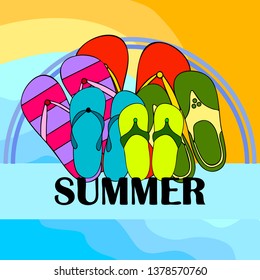 Vector set with cute and colorful summer slippers. Beach vacation. Vector background.