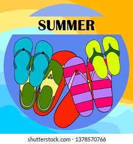 Vector set with cute and colorful summer slippers. Beach vacation. Vector background.