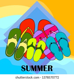 Vector set with cute and colorful summer slippers. Beach vacation. Vector background.