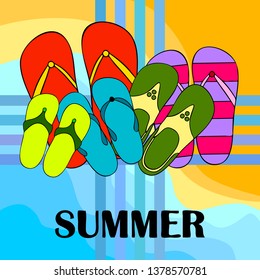 Vector set with cute and colorful summer slippers. Beach vacation. Vector background.