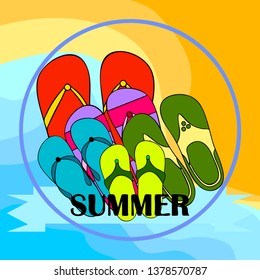 Vector set with cute and colorful summer slippers. Beach vacation. Vector background.