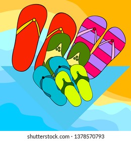 Vector set with cute and colorful summer slippers. Beach vacation. Vector background.