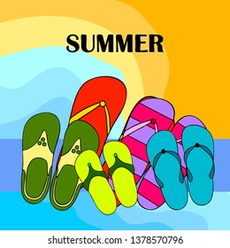 Vector set with cute and colorful summer slippers. Beach vacation. Vector background.