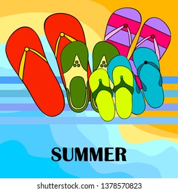 Vector set with cute and colorful summer slippers. Beach vacation. Vector background.