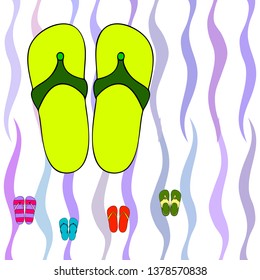 Vector set with cute and colorful summer slippers. Beach vacation. Vector background.