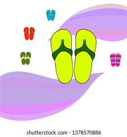 Vector set with cute and colorful summer slippers. Beach vacation. Vector background.