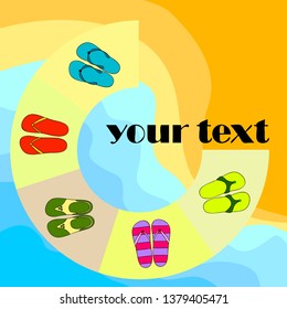 Vector set with cute and colorful summer slippers. Beach vacation. Vector background.