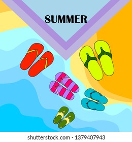 Vector set with cute and colorful summer slippers. Beach vacation. Vector background.